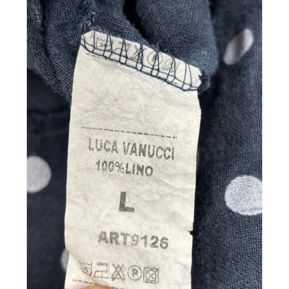 Luca Vanucci 100% Linen Lantern Mini Dress Navy Polka Dot Large Beachy Coastal - Picture 8 of 9